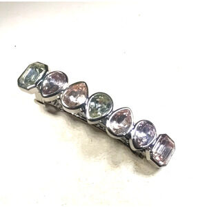 Rhinestone Barrette Tension Clip Large Silver Tone Pink Clear